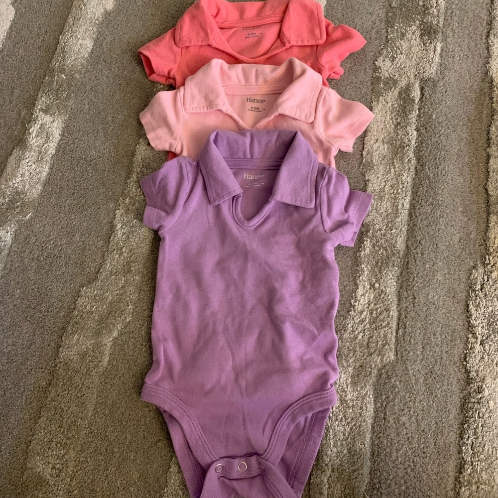 Hanes set of three 6-12 month collar onesies, baby girl